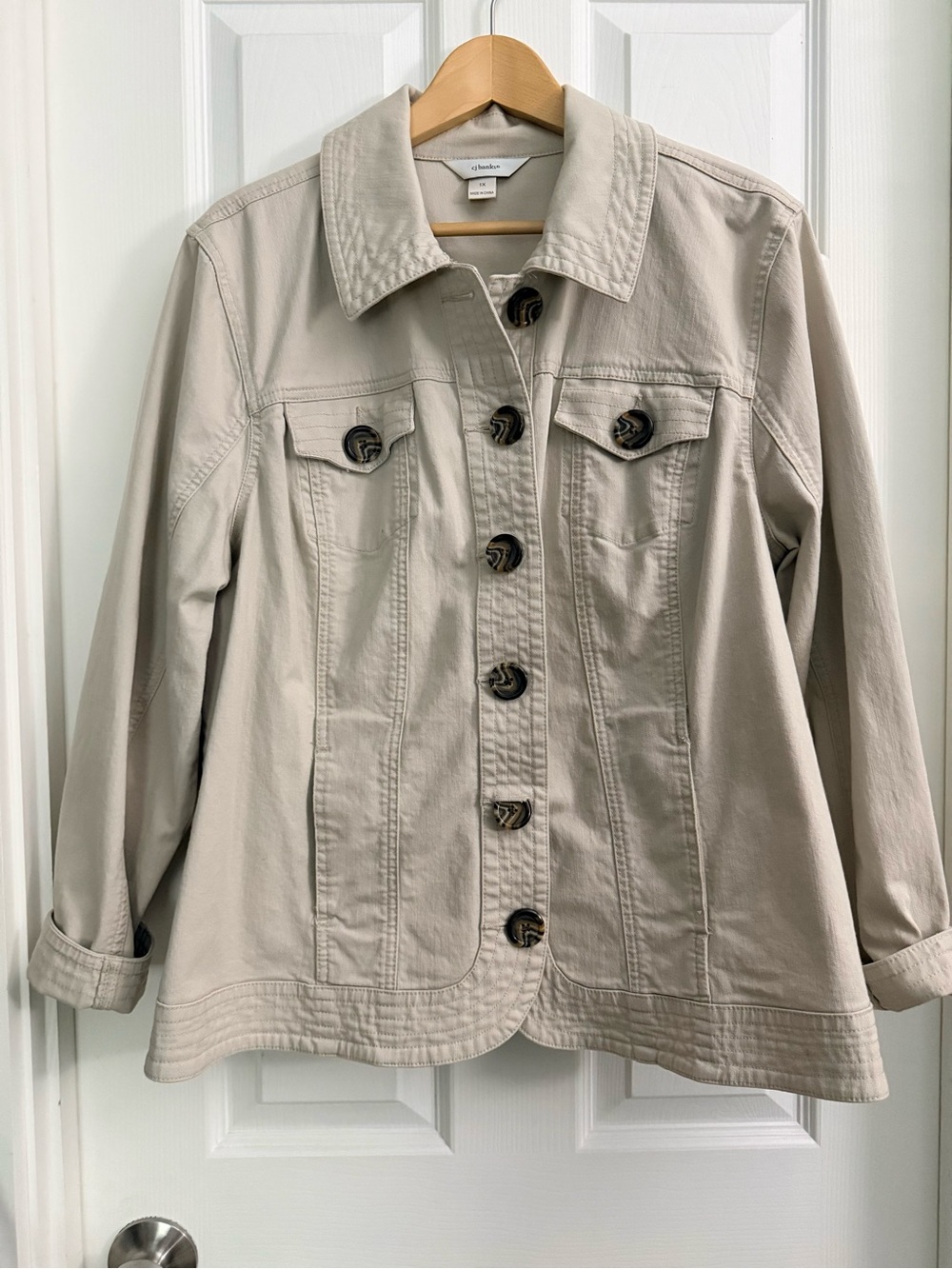 CJ Banks Light Beige Button-Front Jean Jacket